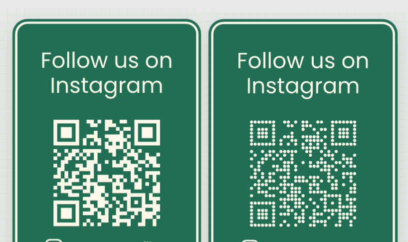 Two Instagram displays showing classic and dotted QR code styles generated in the editor